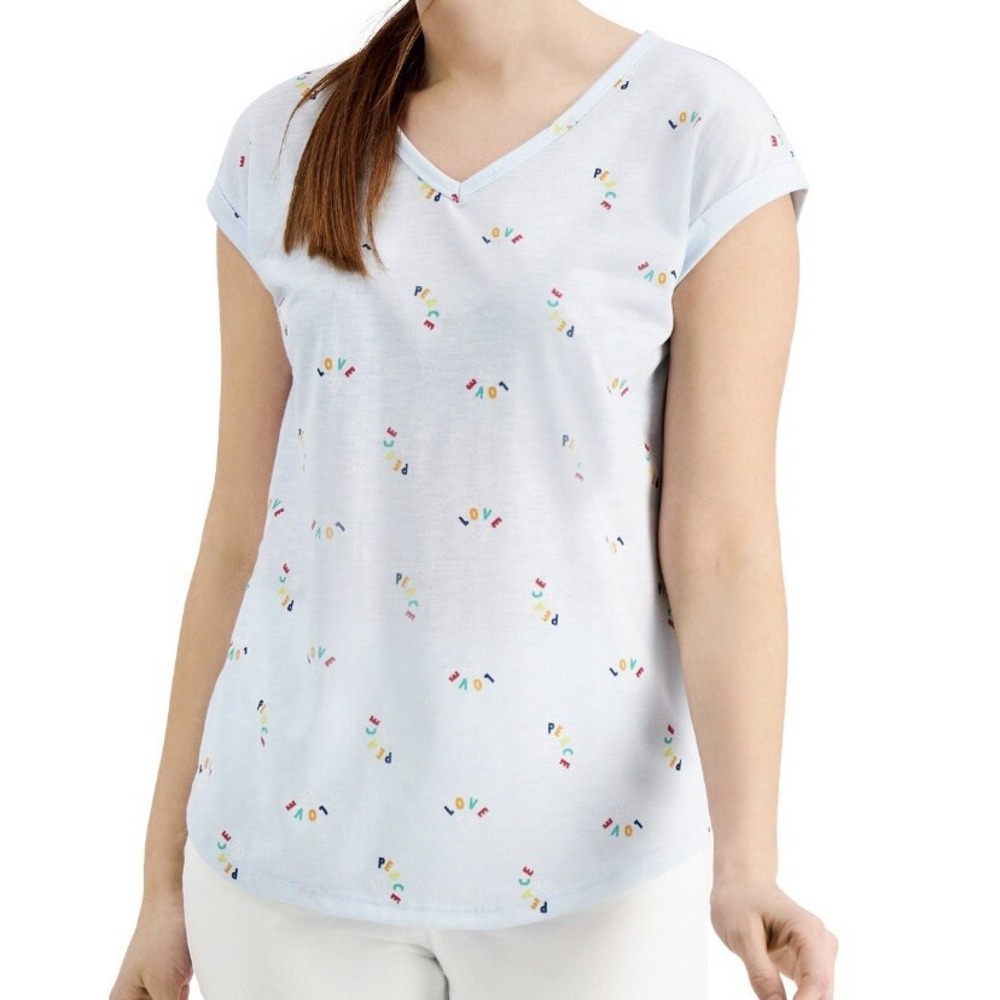 Style & Co Petite Love Peace Graphic Large Top Blue New with Tags Short Sleeve
